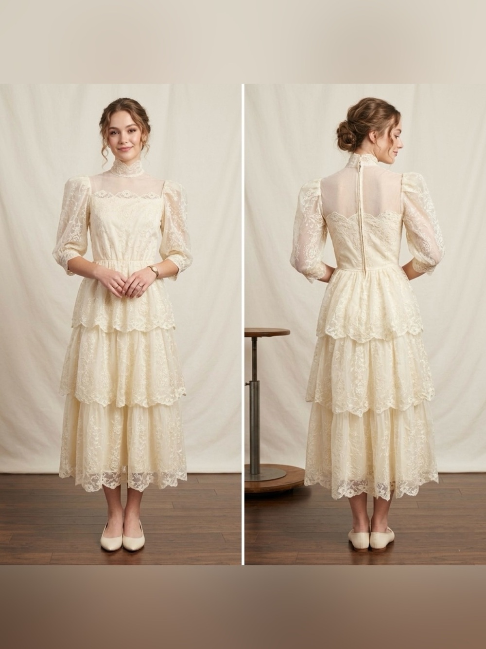 Vintage Women’s S Ivory Embroidered Victorian Lace 70s Tiered Midi Dress Wedding